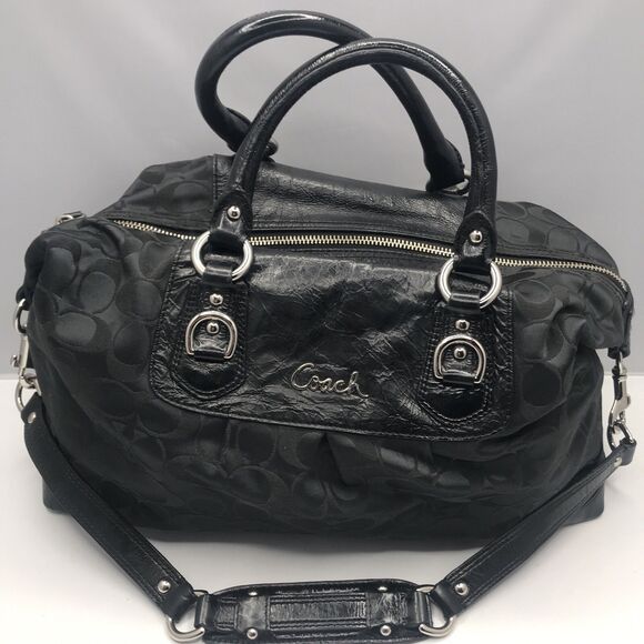 Coach Women’s Signature Logo ~ Large ~Black On Black Satchel Handbag W/ Strap - Picture 13 of 13